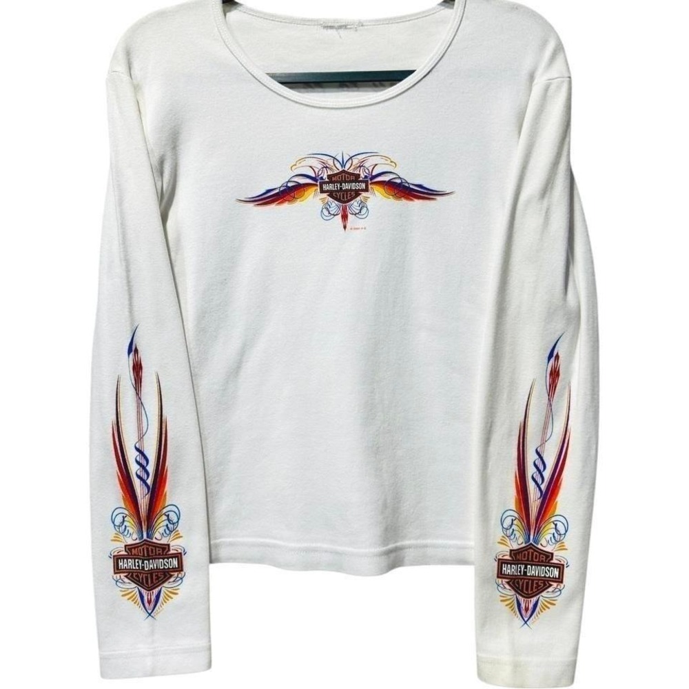 Harley Davidson Vintage Y2K Long Sleeve White / Colorful Flame Thick Tee Shirt